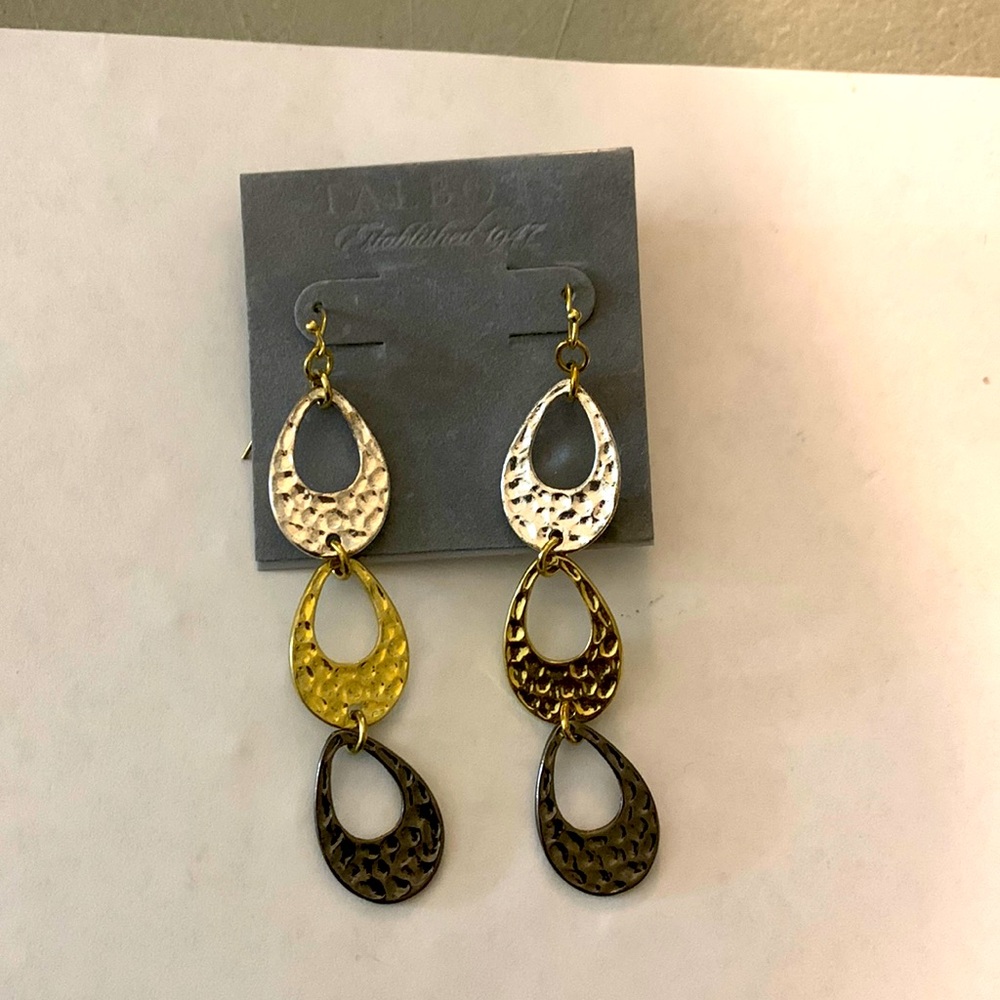 Talbots tricolor hanging earrings, silver gold and bronze